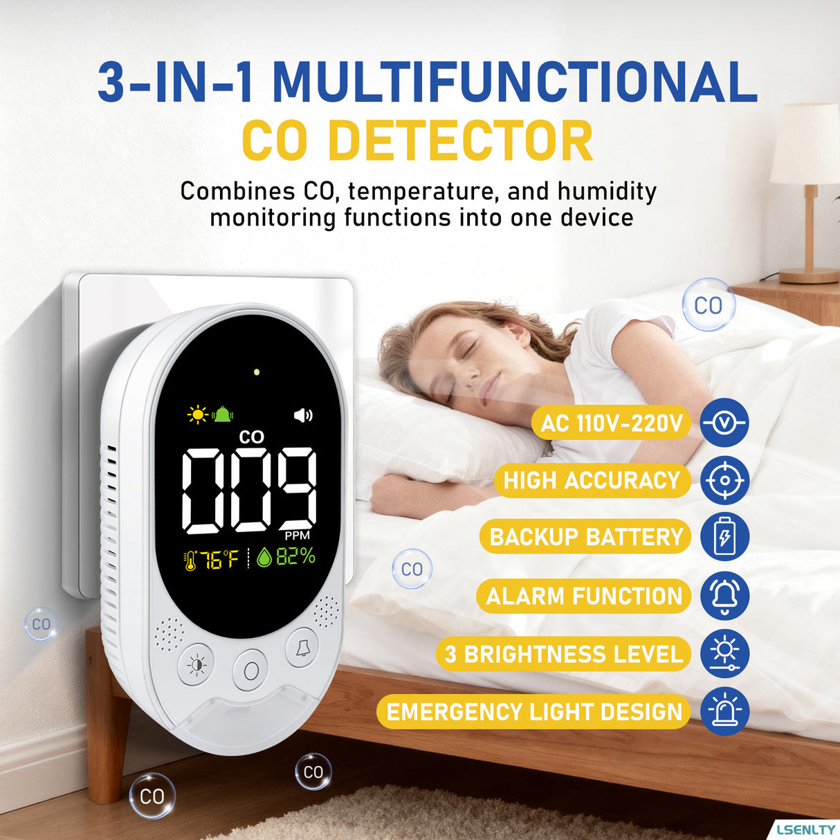 LSENLTY Plug-in CO Detector with Backup Battery L6098