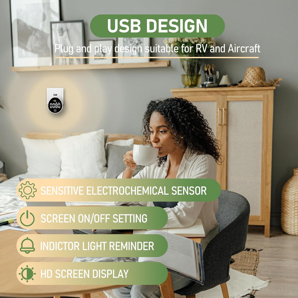 LSENLTY USB Carbon Monoxide Detectors for Car RV Camping-PTH-21D