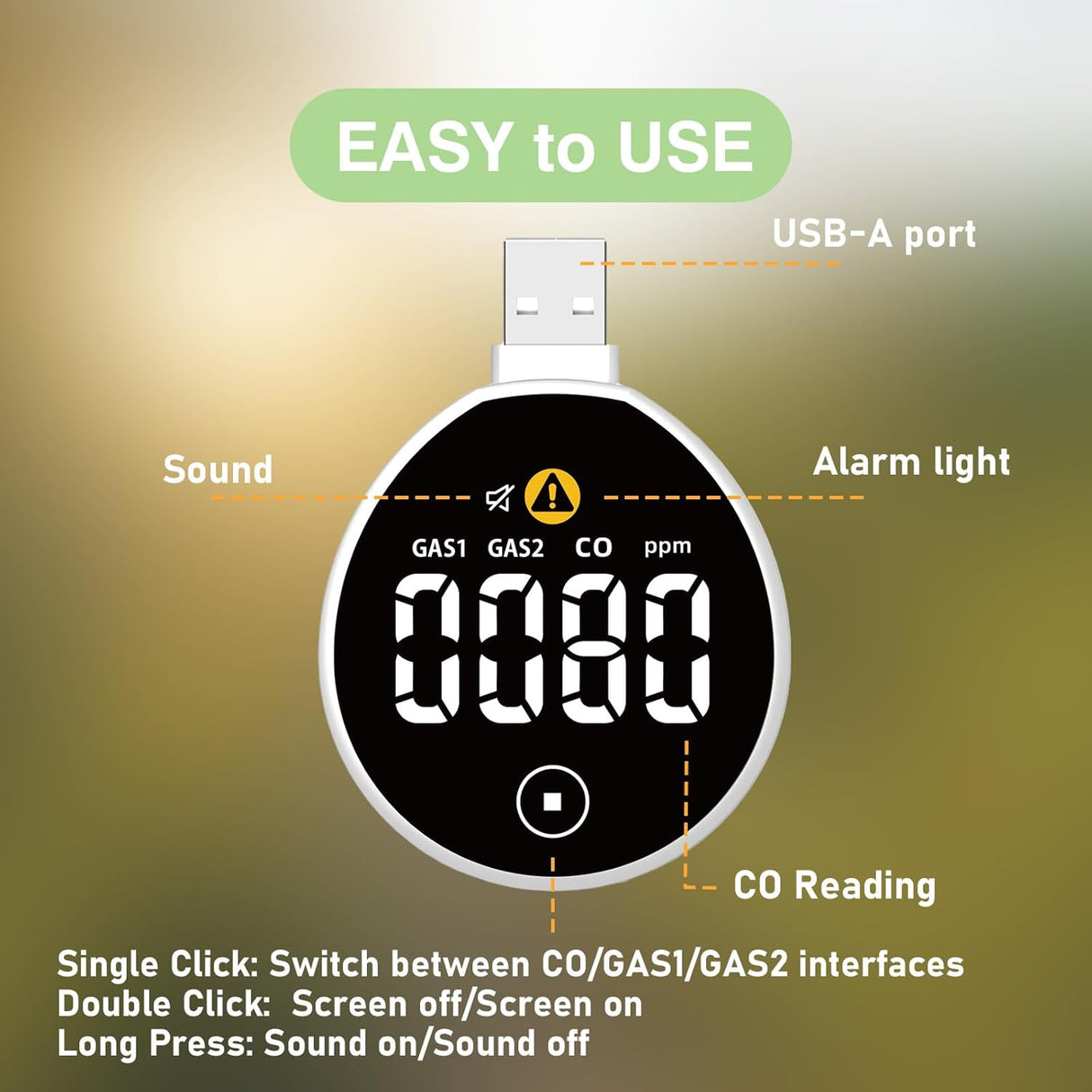 LSENLTY USB Carbon Monoxide and Gas Detectors for Car RV Camping-PTH-21E