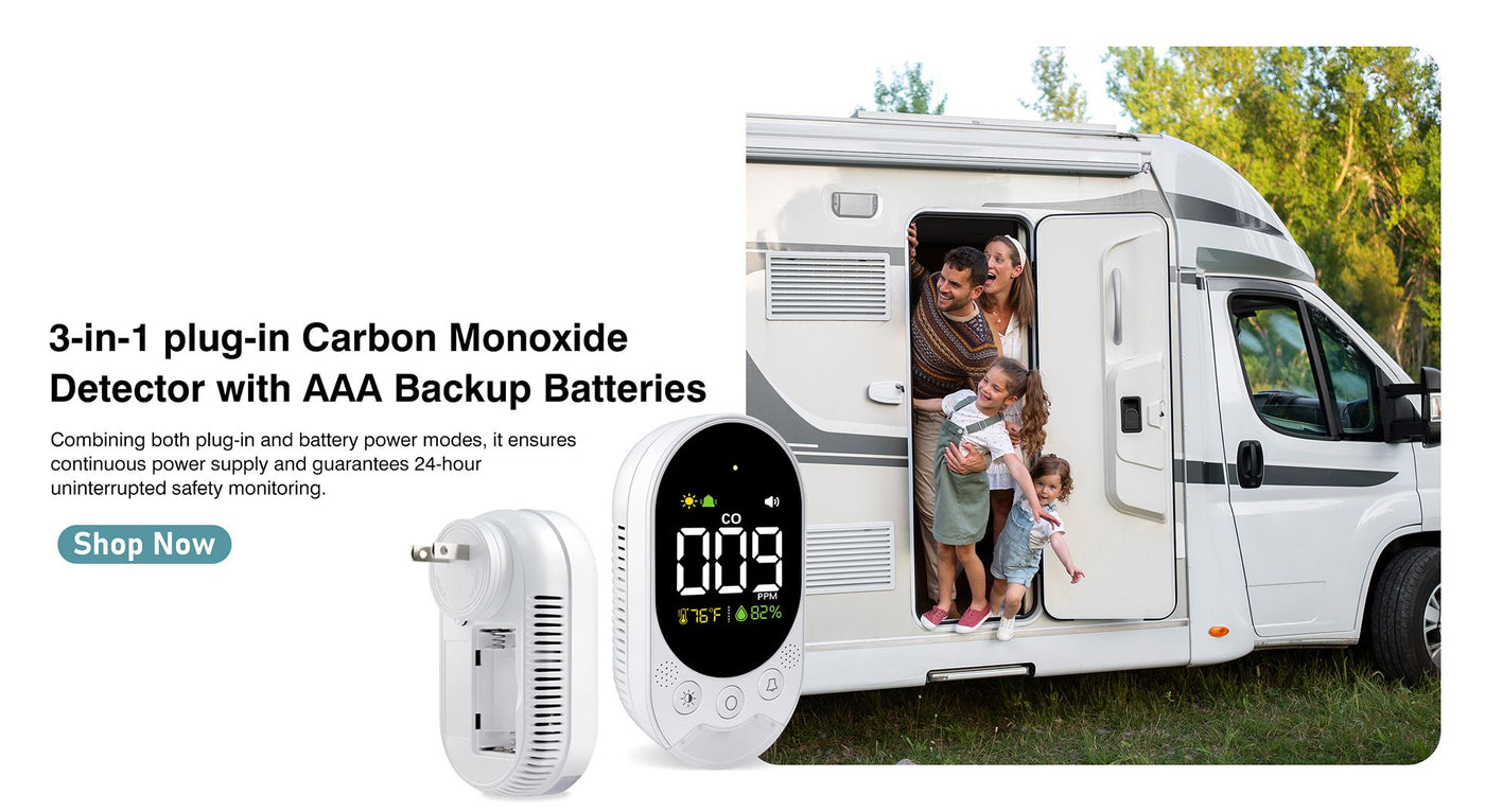 Carbon monoxide detector with AAA backup batteries displayed in front of an RV with a family inside.