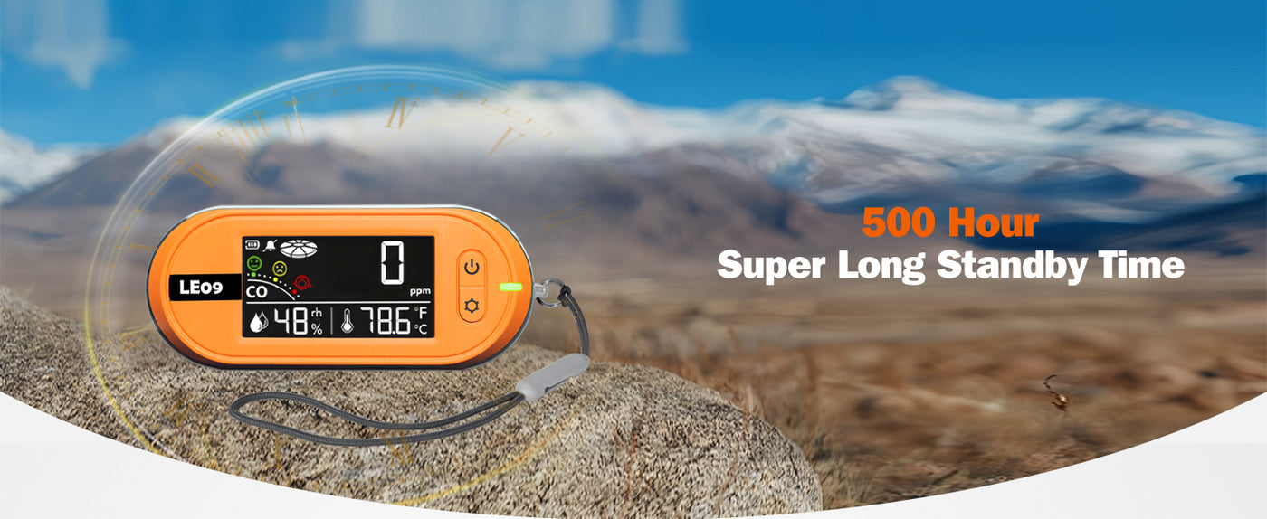 LSENLTY Portable Carbon Monoxide Detector displays a standby time of 500 hours against a mountain background.