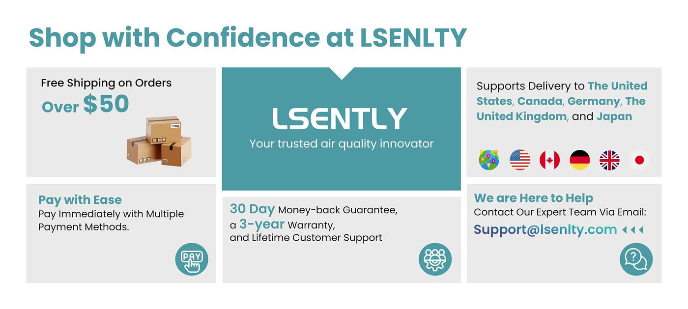 LSENLTY air quality product with branding and contact information on a white background