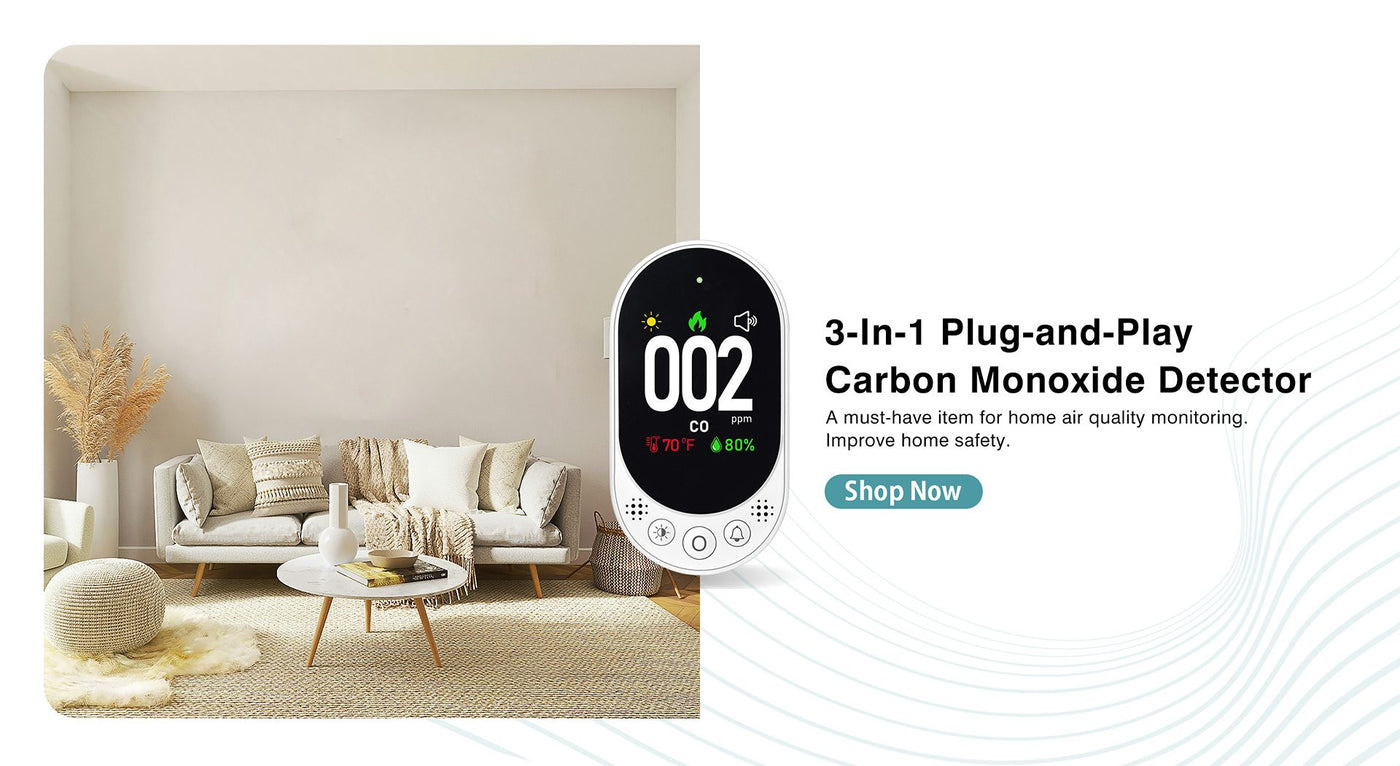 Carbon monoxide detector with digital display in a living room setting