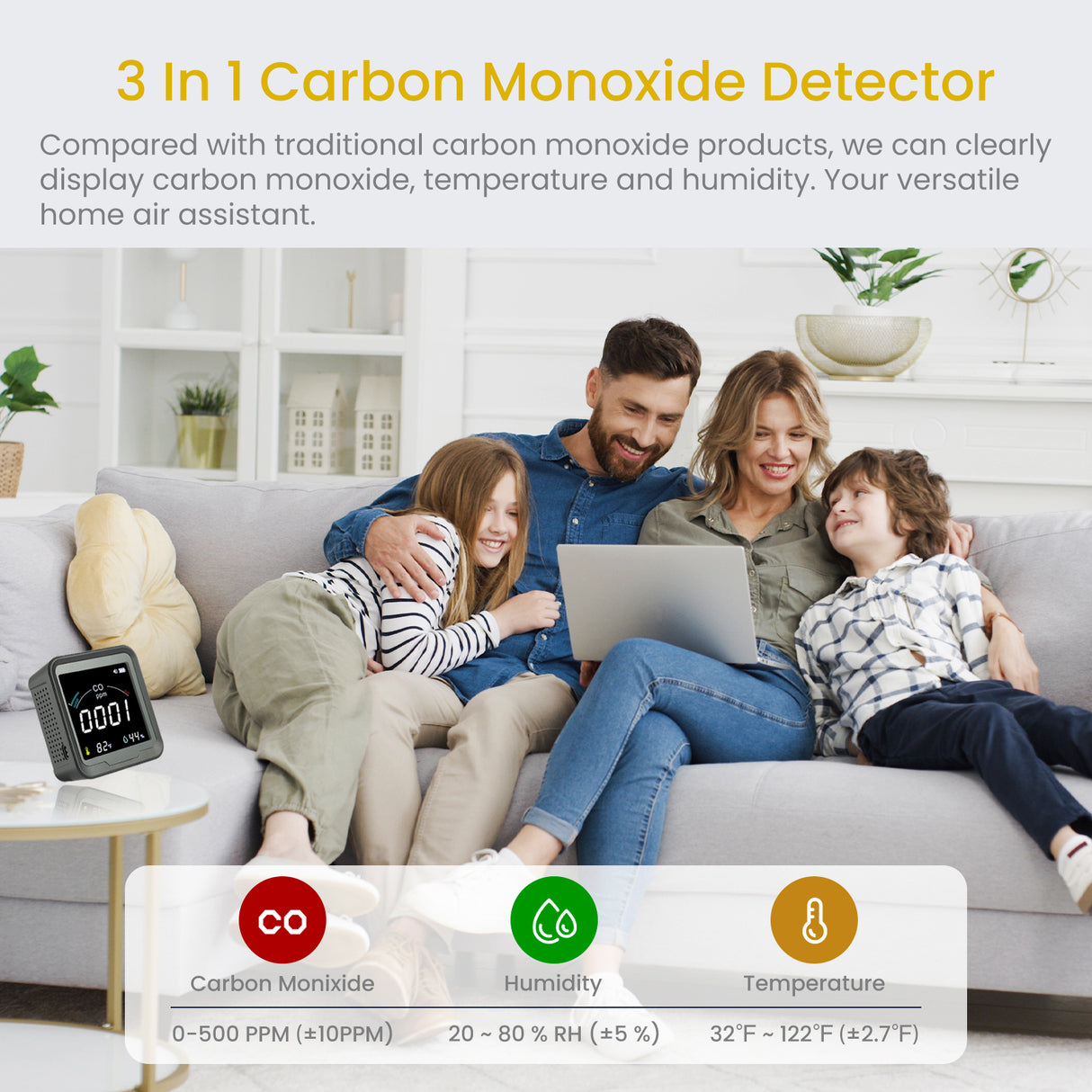 LSENLTY 3 In 1 Carbon Monoxide Detectors for Home-PTH-9D