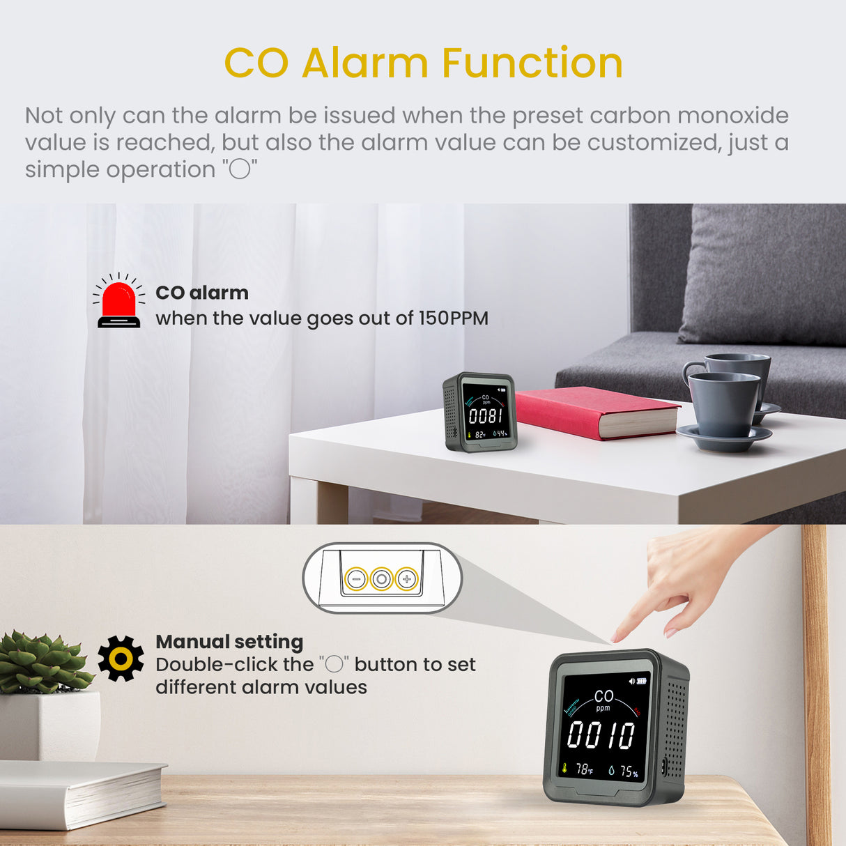 LSENLTY 3 In 1 Carbon Monoxide Detectors for Home-PTH-9D