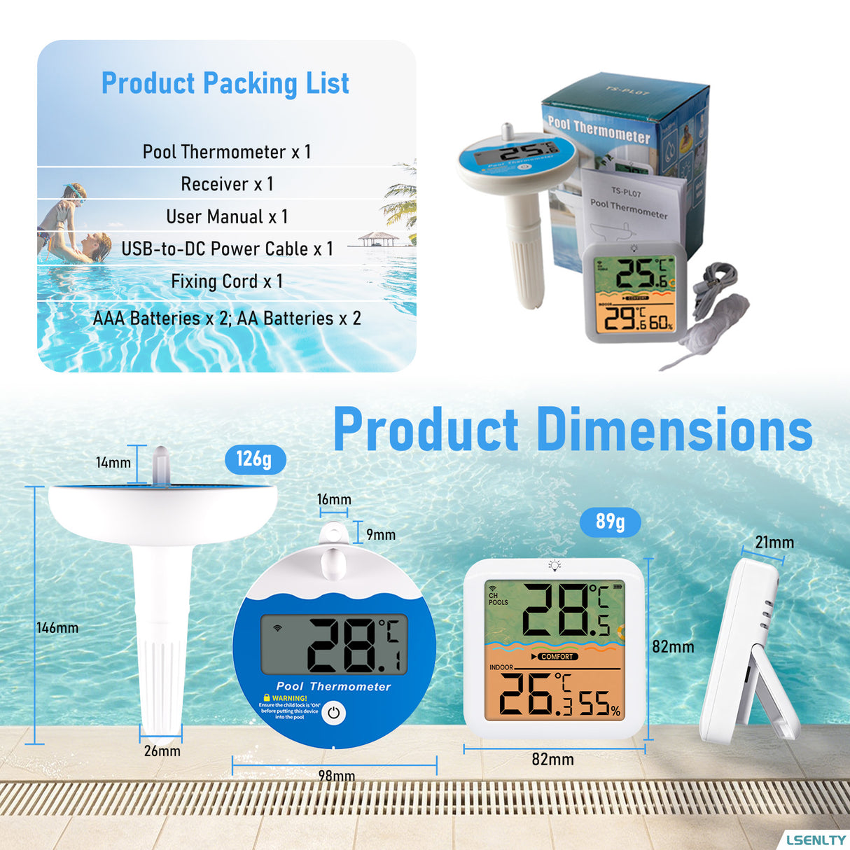 LSENLTY IP68 Waterproof Wireless Pool Thermometer (328ft Remote)