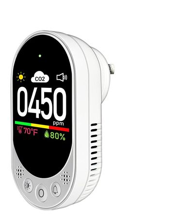White CO2 monitor with digital display on a white background