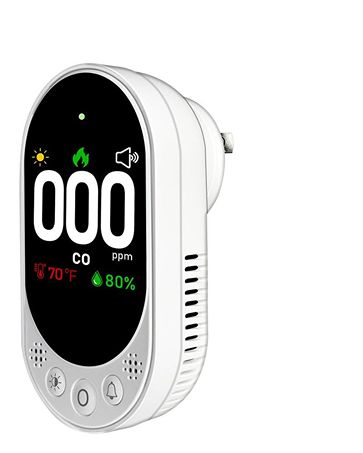 White CO and temperature monitor with digital display on a white background