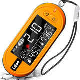 LSENLTY orange portable carbon monoxide detector with a digital LCD screen displaying CO concentration, temperature, and humidity. The device has a black strap and buttons for operation.