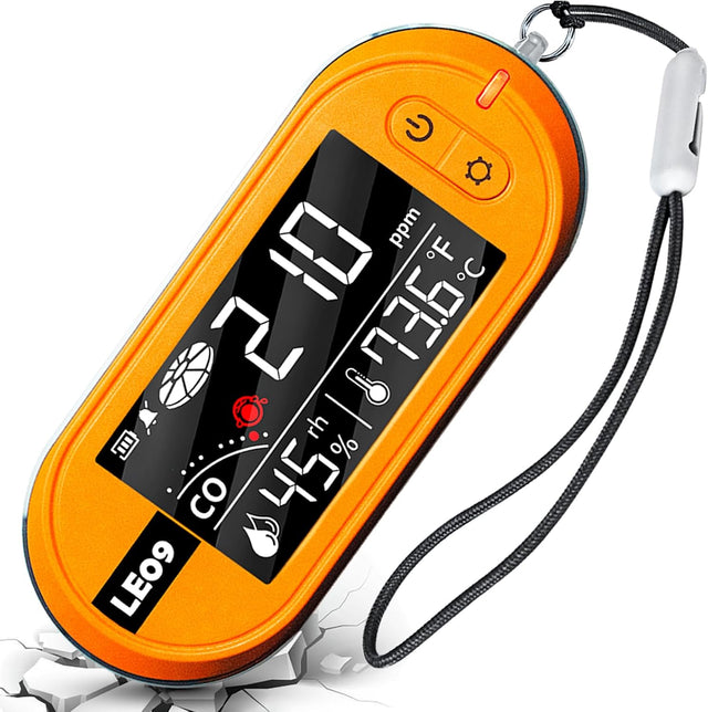LSENLTY orange portable carbon monoxide detector with a digital LCD screen displaying CO concentration, temperature, and humidity. The device has a black strap and buttons for operation.