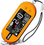 LSENLTY orange portable carbon monoxide detector with a digital LCD screen displaying CO concentration, temperature, and humidity. The device has a black strap and buttons for operation.