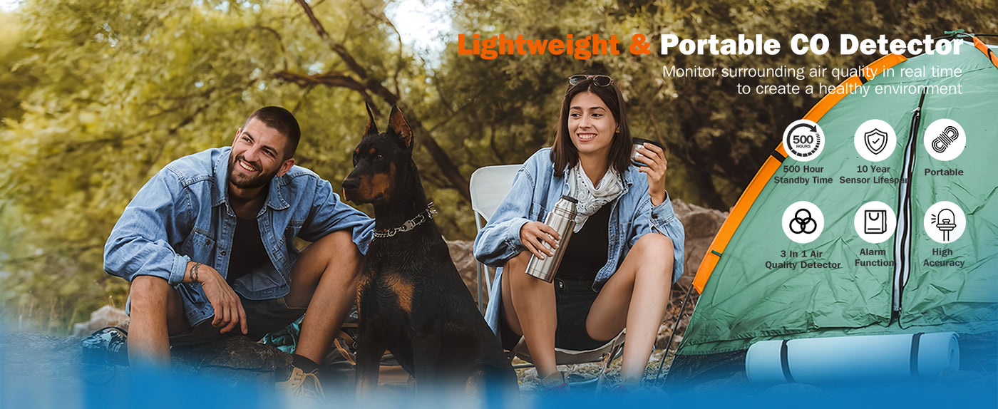 Two people with a dog sitting outdoors next to a tent, with text about a LSENLTY CO detector.