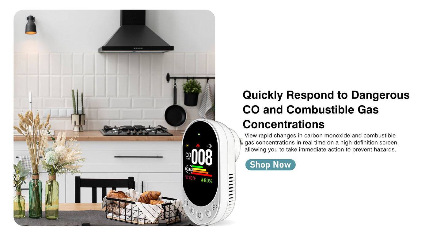 Smart CO and combustible gas detector in a kitchen setting with text about its features.