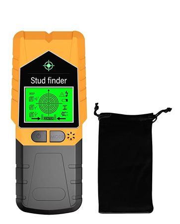 Stud finder with digital display and carrying pouch on a white background